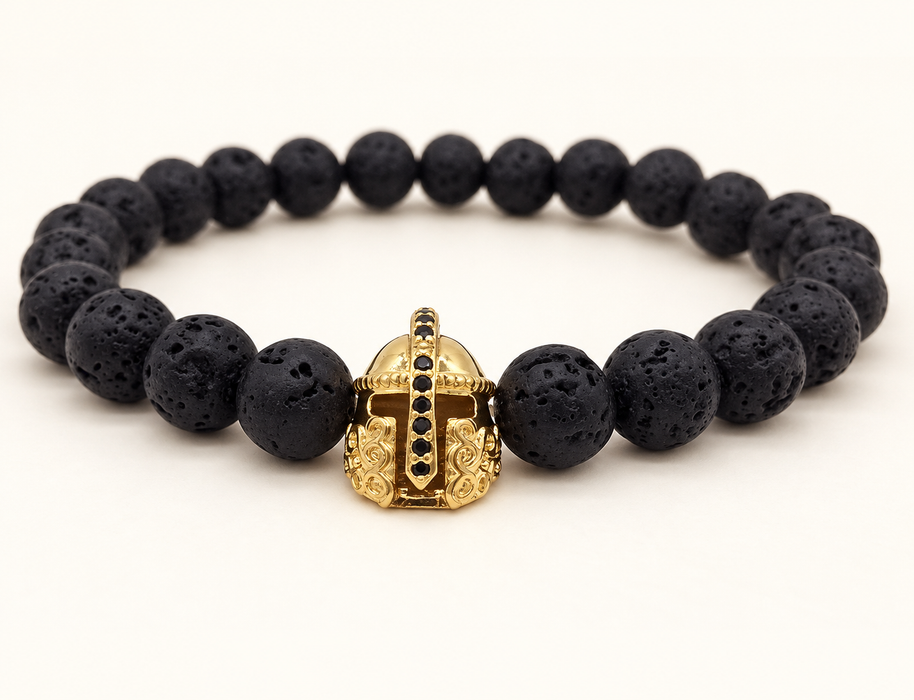 Black bead bracelet with gold helmet charm