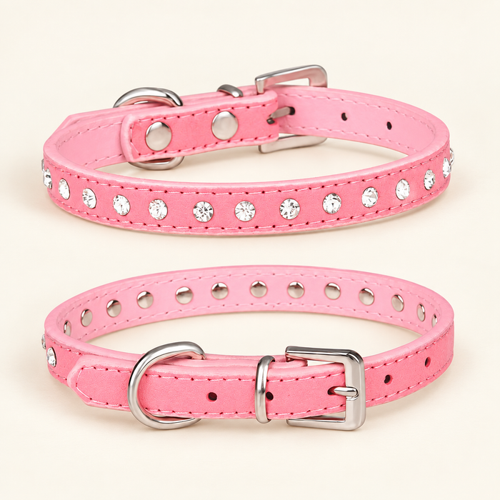 Two views of a pink rhinestone dog collar showing the stones and silver buckle