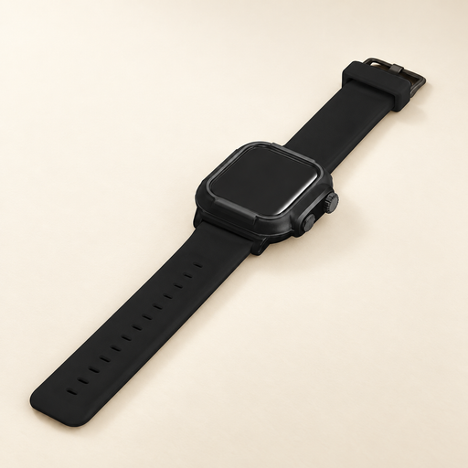 Black sport watch strap and protective case assembly on ivory surface