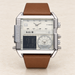 Silver rectangular three-display watch with a brown strap.