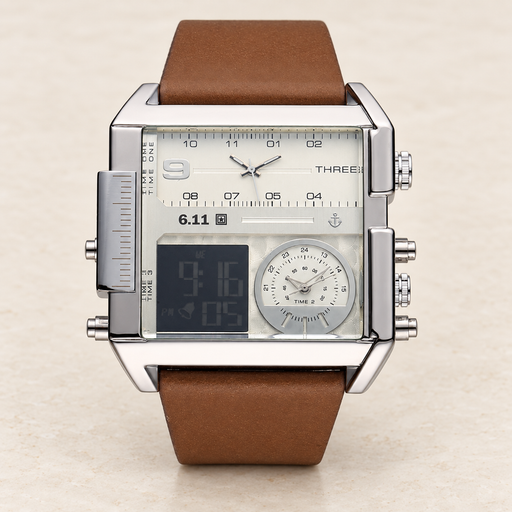 Silver rectangular three-display watch with a brown strap.