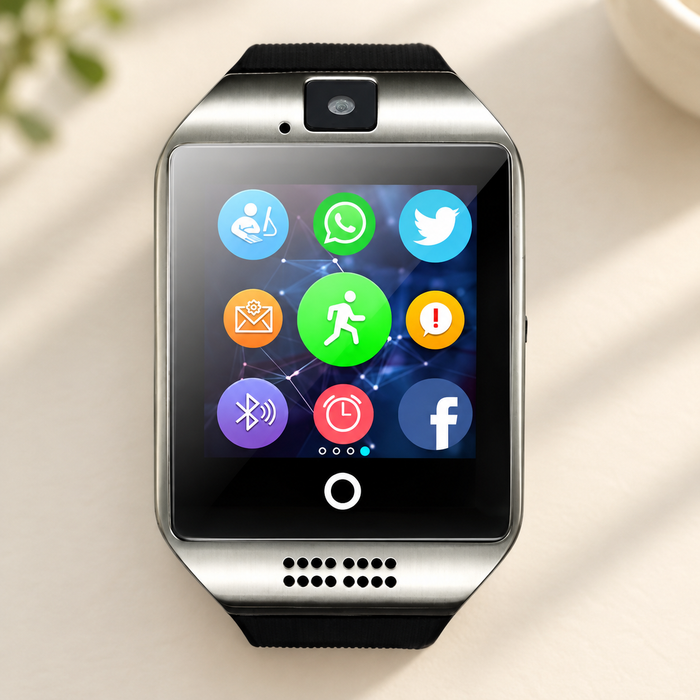 Silver and black smartwatch with colourful app display