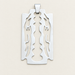 Silver blade-shaped decorative pendant without a chain, lying on an ivory surface.