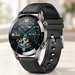 Black leather-strap smartwatch with a turquoise-accented dial.