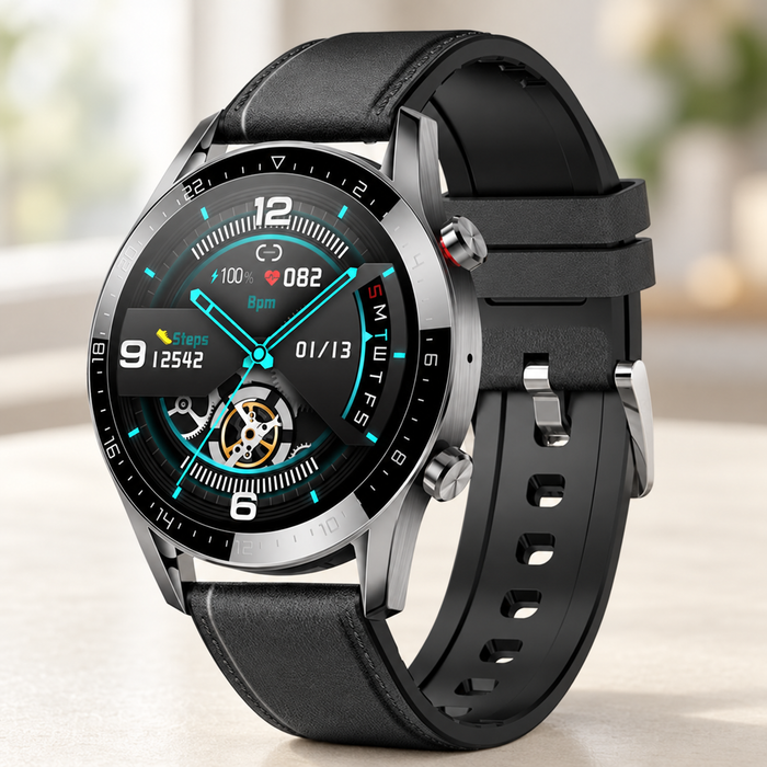 Black leather-strap smartwatch with a turquoise-accented dial.