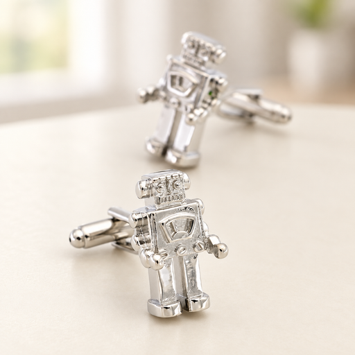 Pair of silver robot-shaped cufflinks on an ivory tabletop.