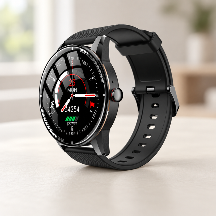 Black smartwatch with a red-accented face on an ivory tabletop.