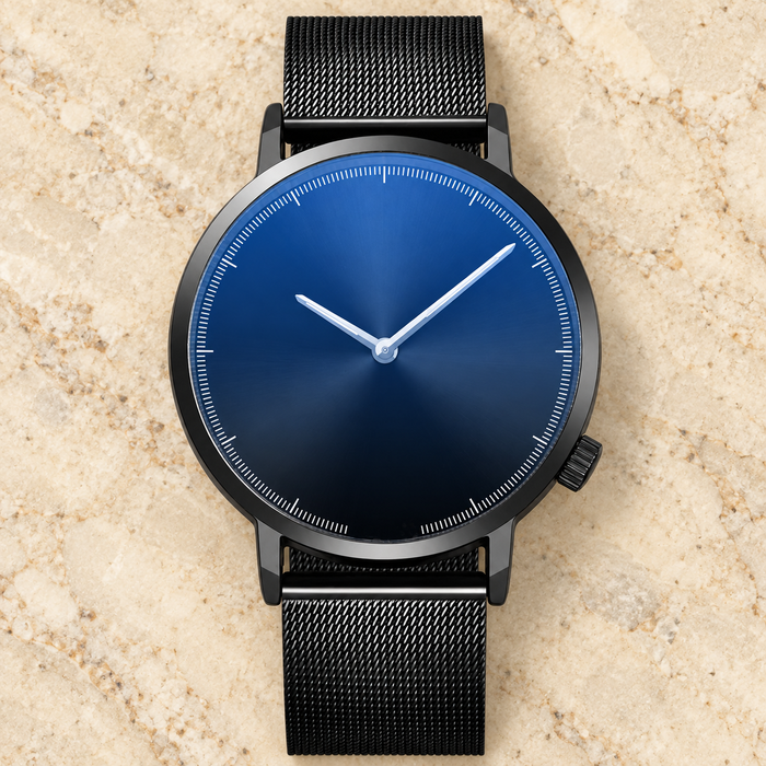 Black mesh-band watch with a blue dial on ivory stone