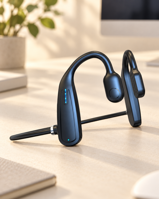 Dark open-ear headphones with a microphone boom on an ivory desk.