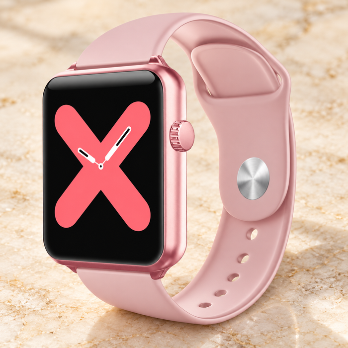 Pink silicone-strap watch with an X dial on ivory stone