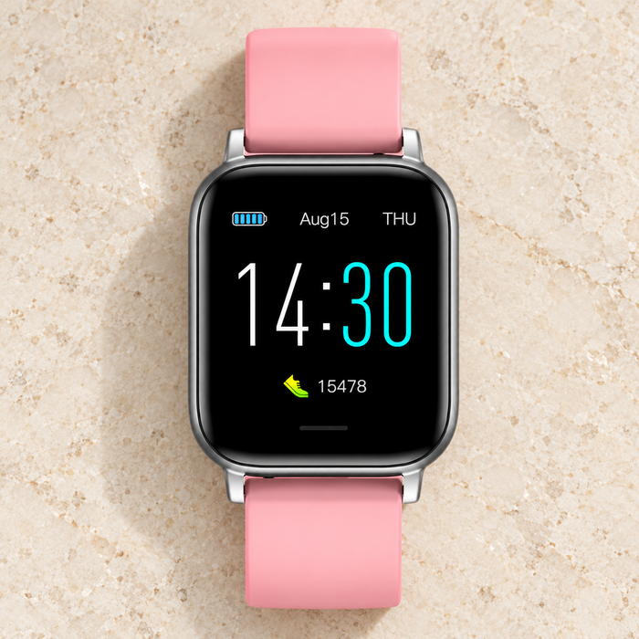 Pink fitness watch showing 14:30 on ivory stone