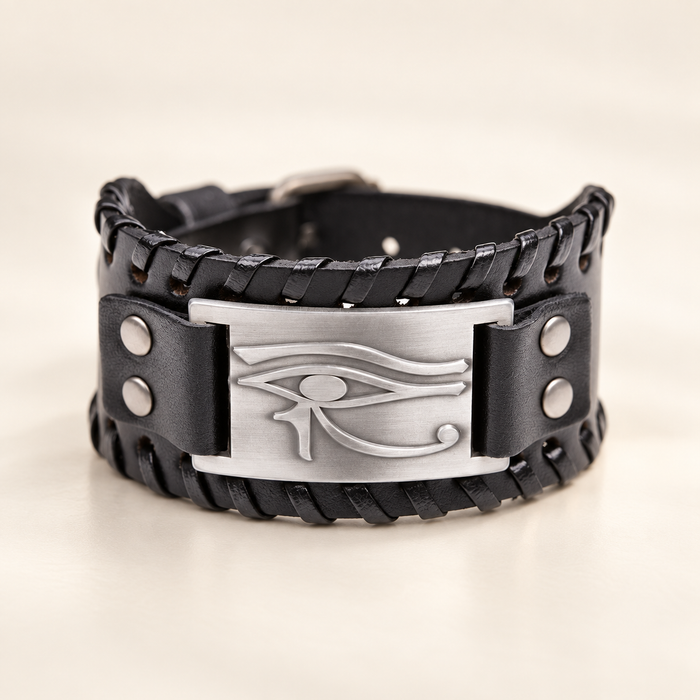Black leather bracelet with silver eye plate on ivory tabletop
