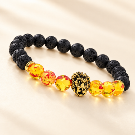 Black lava bead bracelet with yellow beads and gold lion centerpiece