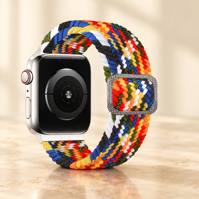 Rainbow woven watch strap with silver buckle and original watch back