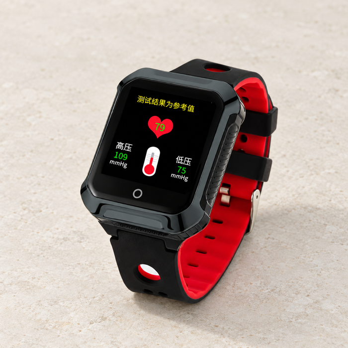 Black and red smart bracelet on ivory stone.