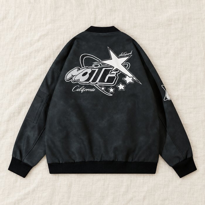 Charcoal jacket back with white star graphic on ivory linen