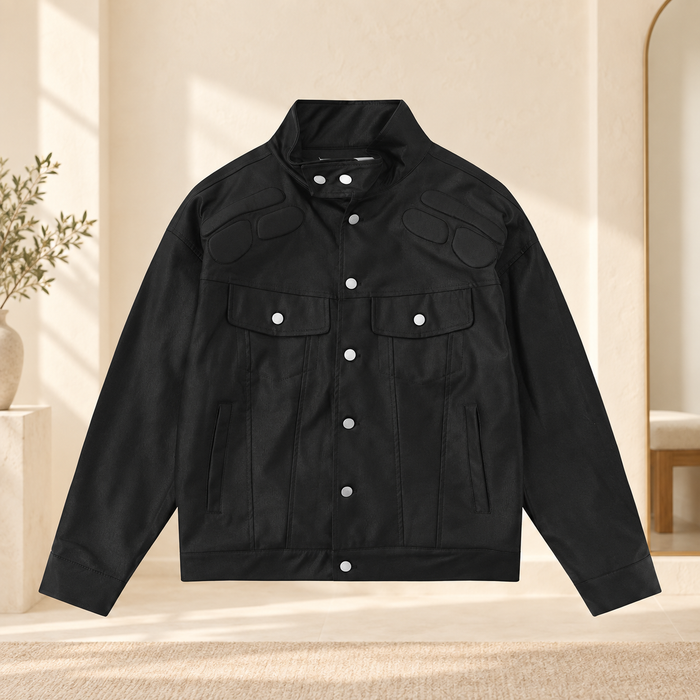 Black biker jacket with silver snaps in a softly lit ivory dressing room