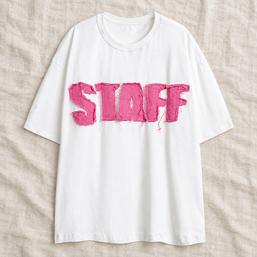White short-sleeve T-shirt with pink raw-edge STAFF applique laid on ivory linen