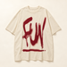 Cream tshirt with dark red graffiti print on ivory surface