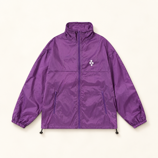 Purple lightweight zip jacket laid flat on ivory surface