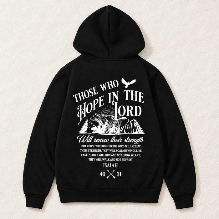 Back of a black hoodie with white Isaiah40:31 lettering and eagle and mountain print