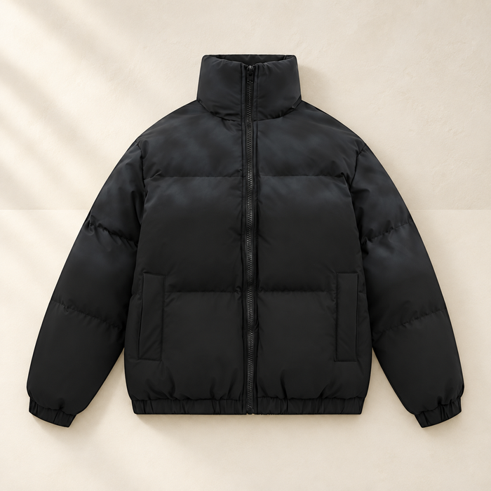 Black padded jacket with stand collar and front zip on ivory
