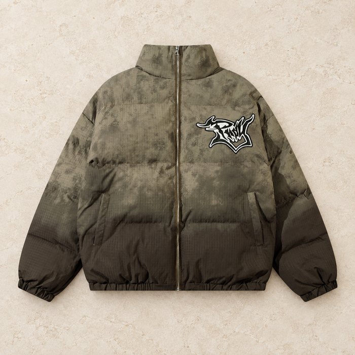 Olive gradient padded jacket with patterned fabric and a chest emblem