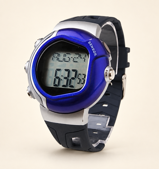 Blue and silver digital sports watch with a black strap on an ivory background.