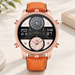 Rose-gold sports watch with orange strap and dual digital displays on an ivory surface
