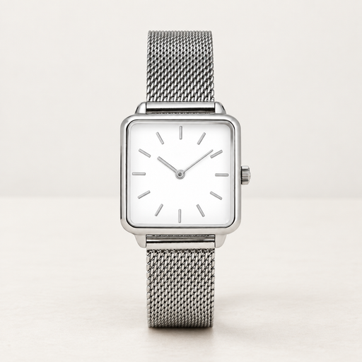 Silver square analogue watch with white dial and mesh bracelet on an ivory surface