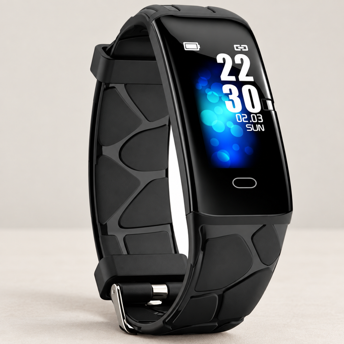 Black fitness watch with blue screen and patterned strap on an ivory surface