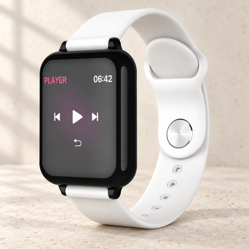White smart bracelet displaying music controls on an ivory surface.