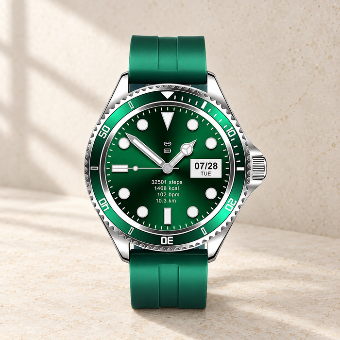 Green smart watch with silver case on an ivory surface.