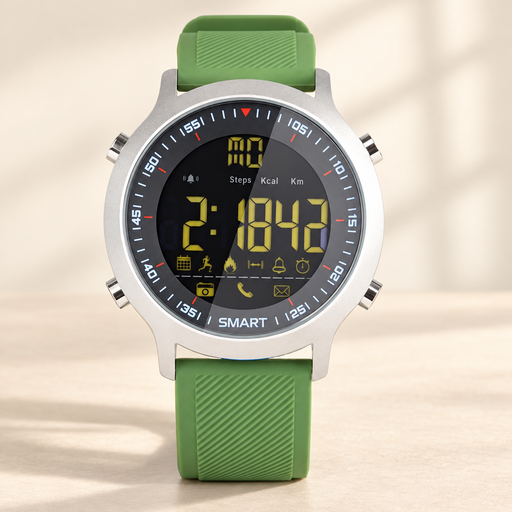 Green strap silver digital watch on ivory surface