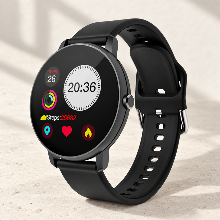Black P8 smart bracelet on an ivory surface.