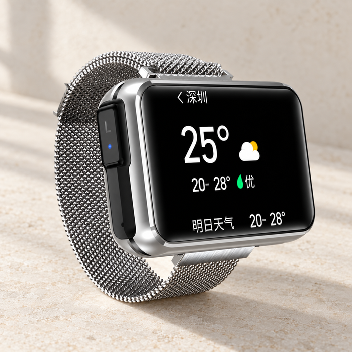 Silver mesh smart bracelet displaying a weather screen on ivory stone.