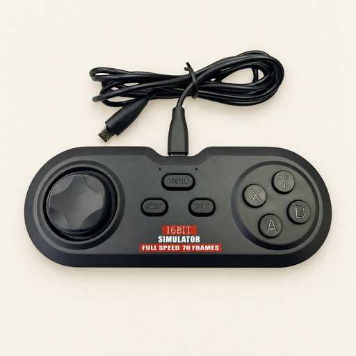 Grey wired game controller with coiled black cable