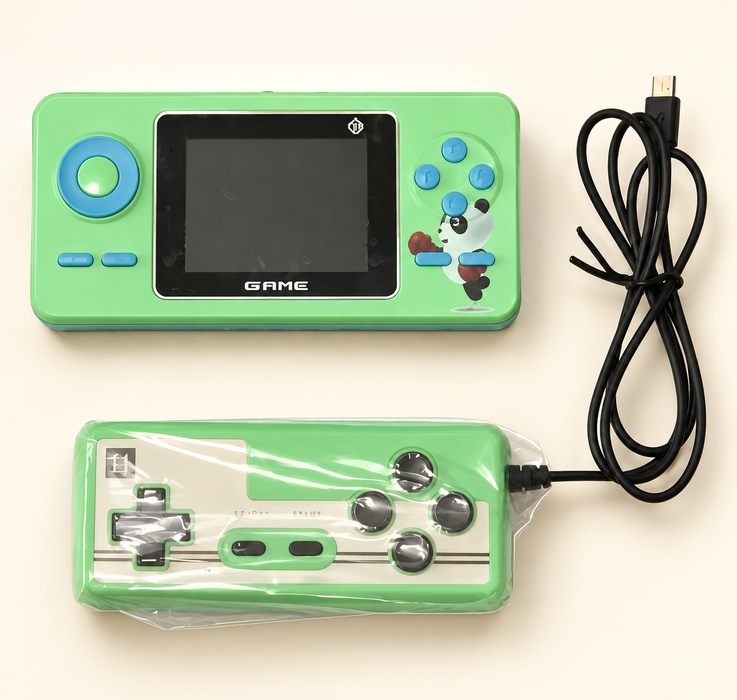 Green handheld console with matching wired controller