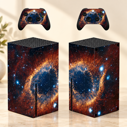 Galaxy-pattern protective skins shown on console and controller views
