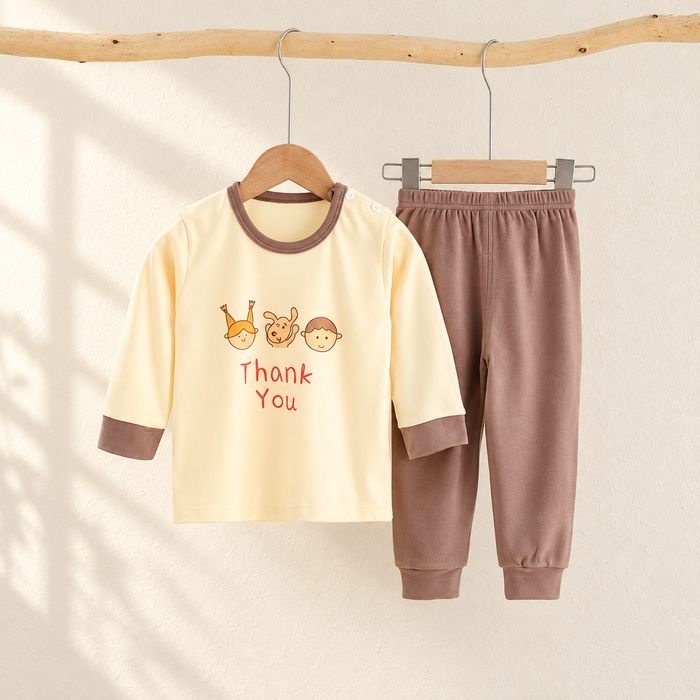 Cream and brown baby clothing set hanging against an ivory wall