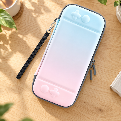 Blue-to-pink gradient console carrying case with a black wrist strap on a sunlit wooden desk.