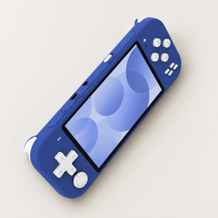 Blue handheld game console resting on an ivory tabletop