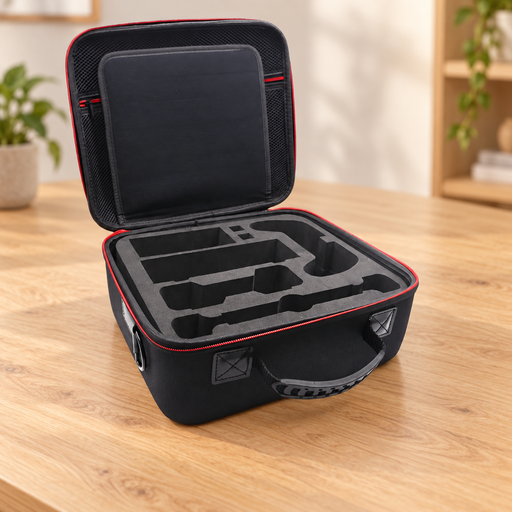 Open black console storage case with empty fitted foam compartments and red zipper trim on a wooden table.