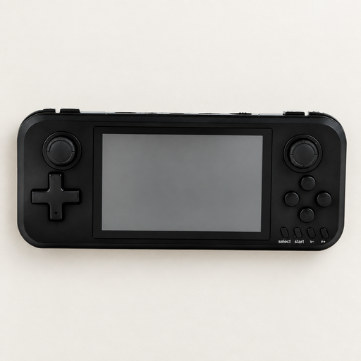 Black handheld game console with a blank screen on an ivory surface