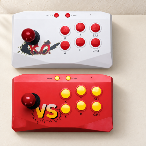 White and red arcade controllers on an ivory tabletop