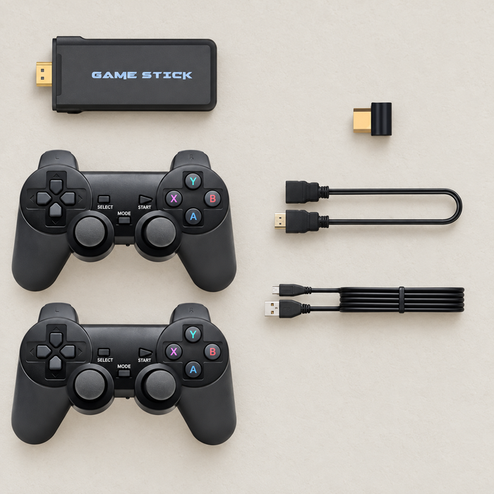 Black game stick kit with two controllers and connection cables