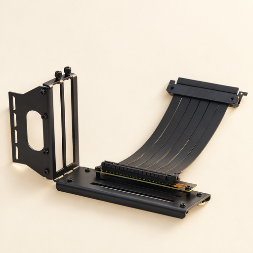 Black graphics card riser bracket and ribbon cable on ivory