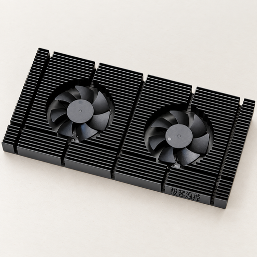 Black dual-fan graphics card heatsink on an ivory work surface