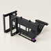 Black graphics card riser bracket with a purple latch on ivory surface