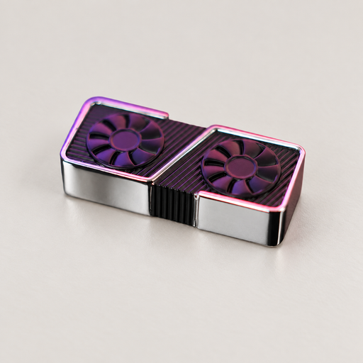 Metallic graphics-card-shaped keycap with purple reflections on ivory tabletop